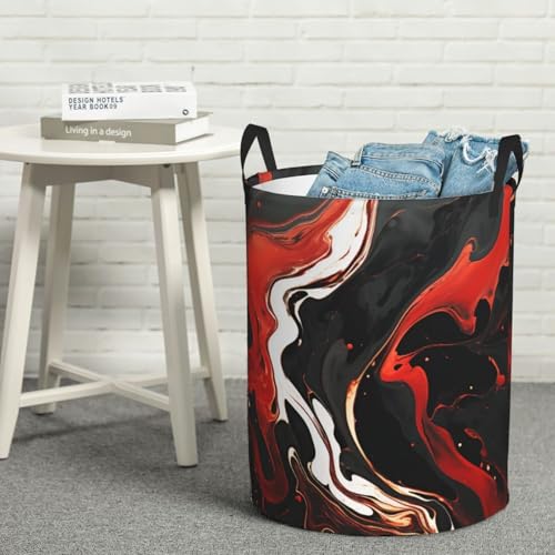 Panier à linge autonome en marbre noir et rouge - Panier à linge sale pour linge sale - Panier de rangement circulaire pliable pour chambre à coucher