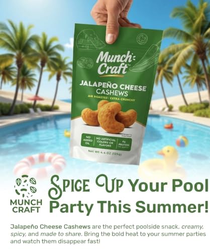 Image of Munch Craft Gourmet Jalapeno Cheese Cashews (3-Pack) - Perfectly Balanced Flavor (Savory Cheddar & Zesty Heat) - Extra Crunchy Air-Roasted Nuts, Oil-Free - No Artificial Colors or Flavors - Three 4.4 oz Bags (13.2 oz Total)