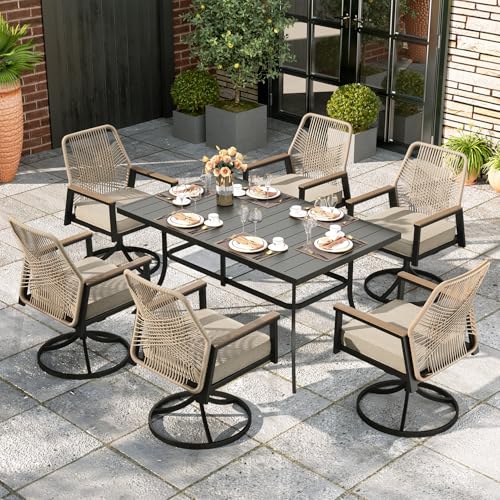Image of MIXPATIO 7 Pieces Outdoor Patio Dining Set, Rectangular Metal Patio Table with Umbrella Hole, 6 x Swivel Rope Rattan Chairs with 3.2 inch Cushion for Yard, Porch, Beige