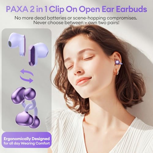 Image of 2 in 1 Clip on Open Ear Headphones Wireless Earbuds, 0 Delay Bluetooth 6.0, Ultra-long 140H Play, Auto L-R Recognition Touch Control, Hybrid Noise Reduction for Work Fitness Daily Use, Ctbuds Purple
