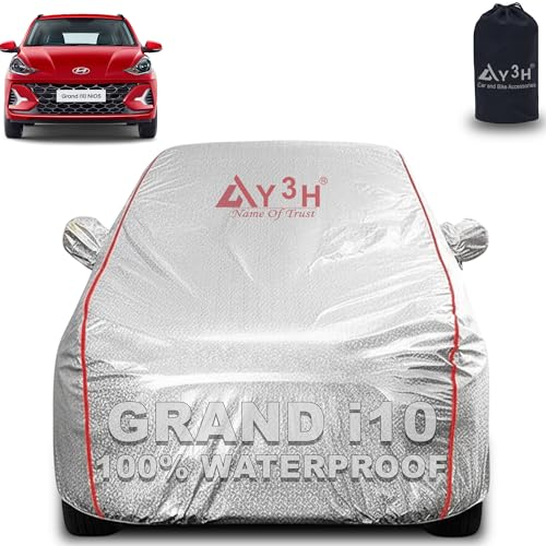 Image of 100% Waterproof Car Cover Compatible with Hyundai I10 Grand | All Weather, Dust Proof, UV Protective with Mirror Pocket (Silver Magic)