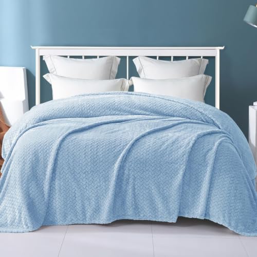 Image of Exclusivo Mezcla Light Blue Fleece King Size Blanket for Bed, 90x104 Inches Soft Cozy 3D Decorative Jacquard Flannel Blankets, Lightweight Fuzzy Plush Warm Blankets for All Seasons
