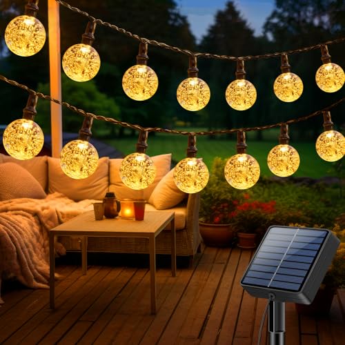 litogo Solar Lichterkette Aussen, 15M LED Lichterkette Außen Solar Wetterfest, 8 Modi Kristall Kugeln mit Memory-Funktion, Solarlichterkette Outdoor für Balkon, Garten, Terrasse, Partys, Warmweiß 1