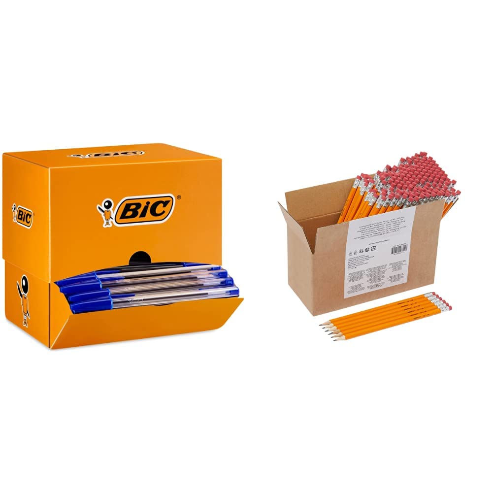 BIC Kugelschreiber Set Cristal Original, in Blau, Strichstärke 0,4 mm, 150er Pack & Amazon Basics - Holzgefasste Bleistifte, HB, vorgespitzt, 150er-Pack