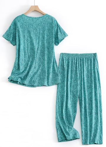 CHUNG Women Cotton Pajama Sets Sleepwear pjs Short Sleeve Shirt Capri Length Crop Pants Cute Vivid Print2