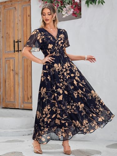 Image of Simplee Women's Boho Floral Maxi Dress Flowy Casual V Neck Short Sleeve Wedding Guest Holiday Beach Long Dress