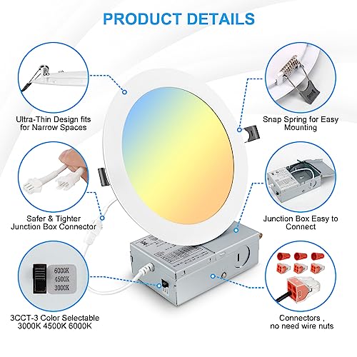 Image of 7 Inch 3CCT Ultra-Thin LED Recessed Light with Junction Box, 3000K /4500K /6000K Selectable, 18W Eqv 125W, Dimmable Ceiling Lights 1600LM Brightness Canless Wafer Downlight