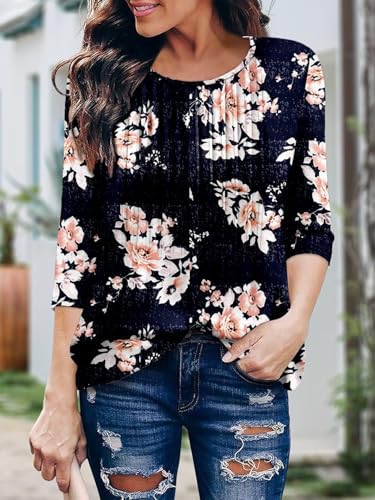 KISSMODA Tunic Tops for Women Loose Fit Dressy Round Neck Pleated 3/4 Length Sleeve Spring Tops