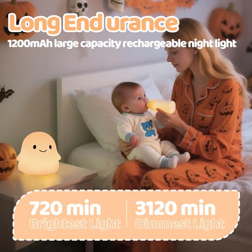 Image of Rytinazzz Halloween Ghost Night Light, Color-Changing & 50-Hour Battery, Spooky-Cute Squishy Lamp for Kids, USB Rechargeable with Timer, Halloween Decor & Gifts