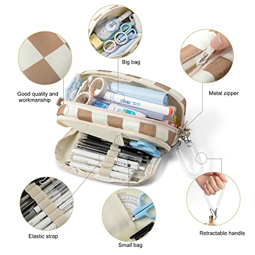 Joyask Large Capacity Canvas Pouch Storage Bag With Removable Spring Strap Checkerboard Plaid For Office Work Art (Brown White Plaid) #TOP1