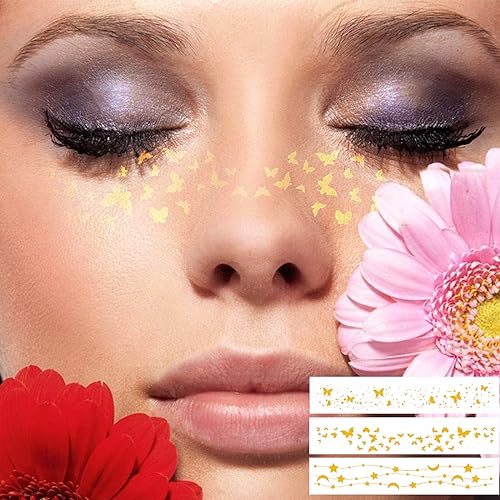 60 Sheets Face Temporary Tattoos, Metallic Fake Tattoos for Women, Men, Kids, Waterproof, Festival, Cosplay, Halloween