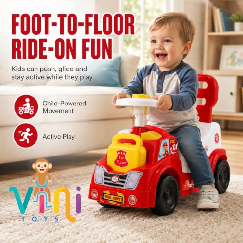 Image of Fire Fighter Ride On Toy for Kids 2-5 Years with LED Lights, Fire Truck Siren, Front & Rear Storage, Foot to Floor Ride On Car with Comfortable Backrest, Ride On Car for Boys & Girls