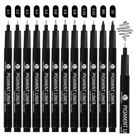Welsberg Plumillas de Pigmento, Pigment Liner Juego de 12 rotuladores de punta fina, tinta de pigmento negra, rotuladores, resistentes al agua, para artistas, ilustraciones, bocetos, dibujo técnico