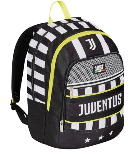 Seven Zaino Scuola ADVANCED - F.C. JUVENTUS Calcio - WIN IS THE RULE, Nero Bianco - Zaino Doppio Scomparto con Tasca Porta Borraccia - Zaino Scuola Bambino, Ragazzo