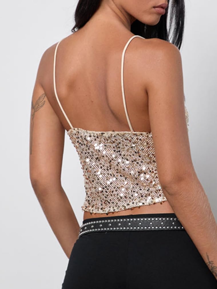 Seyumixi Women Sparkly Cami Top Sequin Spaghetti Strap Glitter Crop Top Sleeveless Going Out Tops Party Concert Outfits - Image 4