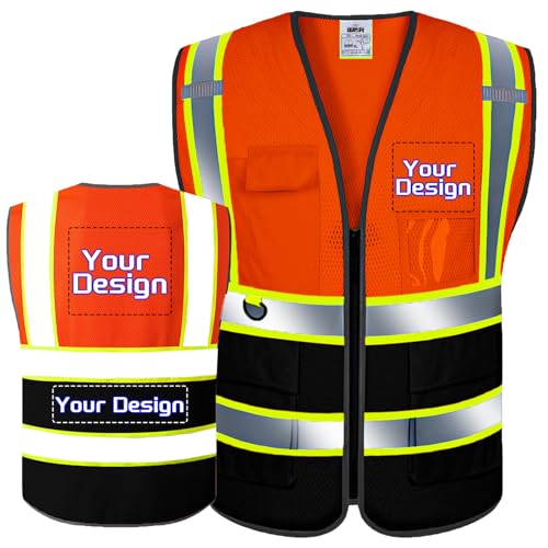 Custom Safety Vest with Logo Pockets High Visibility Reflective Vests Construction Security Workwear(Orangeblack,4XL)