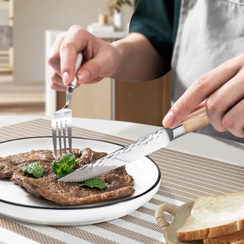 FINDKING-4-Piece-Kitchen-Steak-Knife-Set-47-Inch-Serrated-Kitchen-Knives-Rustproof-Stainless-Steel-Cutlery-Pakka-Wood-Handle-Beige-Michelia-Series FINDKING 4 Piece Kitchen Steak Knife Set 47 Inch Serrated Kitchen Knives Rustproof Stainless Steel Cutlery Pakka Wood Handle Beige Michelia Series
