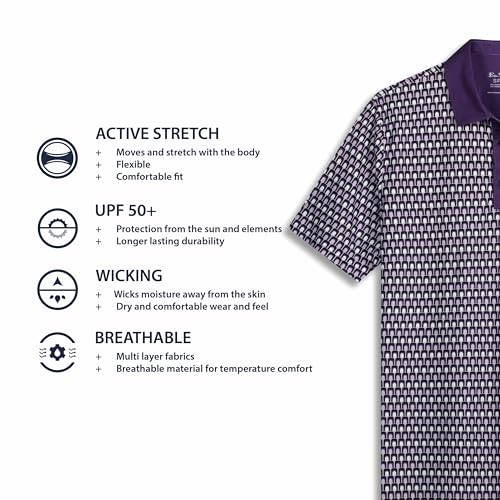 Ben Sherman Men's Performance Golf Shirts– Stretch, Extra Soft Fabric, Moisture-Wicking, Odor Resistant, Purple, Large
