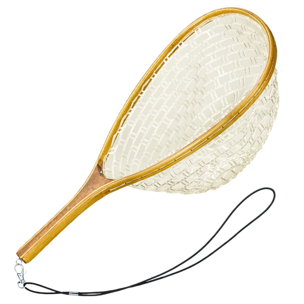 HTU Fly Fishing Landing Net Soft Rubber Mesh Catch and Release Net with Wooden Handle Frame Floating Fishing Net Fishing Gifts for Men