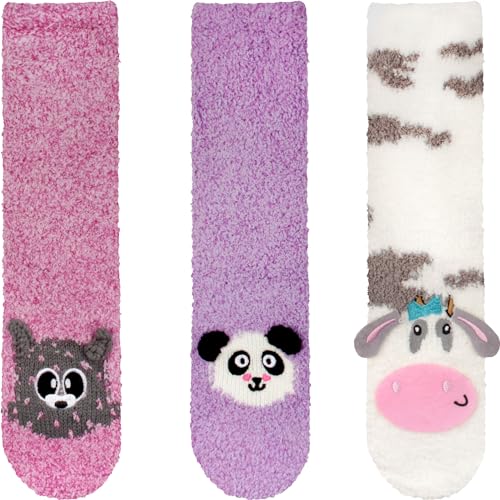 Image of BambooMN Super Soft Warm Cute Animal Face Non-Slip Fuzzy Crew Winter Home Socks, Value Pack