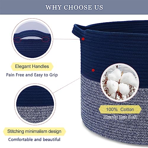 Image of Large Cotton Rope Blanket Basket, 87L Laundry Hamper, Navy Blue | Collapsible Woven Nursery Hamper, Sturdy Handles for Clothes Toys Towels, Ideal for Living Room Bedroom Bathroom