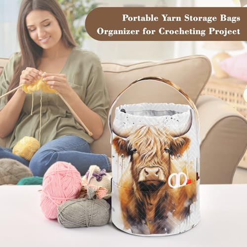 Image of WELLDAY Highland Cow Portrait Crochet Bag Knitting Bag Yarn Storage Organizer, Portable Yarn Bag and Tote for Crocheting Project, Store Skein Ball, Short Knitting Needle