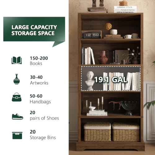 Image of TVU 5 Tiers Wooden Bookshelf, 65.2 inch Tall Farmhouse Style Open Bookcase, 31.5 inch Wide Standing Book Shelf with Storage for Study Room, Living Room, Walnut Brown
