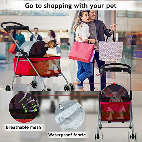 Cat Dog Stroller for Small & Medium Dogs Up to 35Lbs Kitten Doggie Cage Waterproof Foldable Travel Carrier Puppy Strolling Cart Durable 4 Wheels Large Pet Stroller Jogger with Cup Holders, Red
