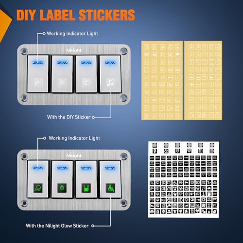 Image of Nilight 4 Gang Rocker Switch Panel 3 Pin On Off Pre-Wired Blue LED | Waterproof Aluminum Toggle Switches with DIY Stickers for 12V 24V Automotive Cars Marine Boats UTV Truck Jeeps