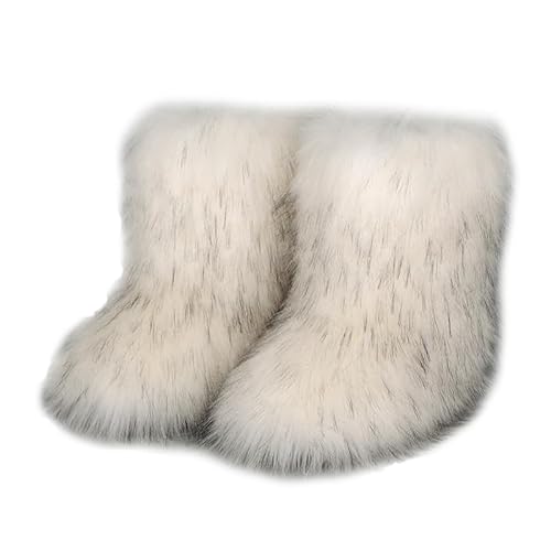 Valpeak Snow Boots for Women 2024 Furry Boots Winter Knee High Flat Heel Fluffy Faux Fur Boots - White - 6 Wide