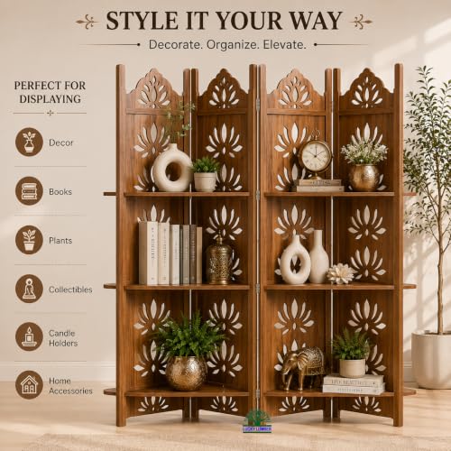 Image of Wooden Room Divider Partition with Display Shelves for Living Room | Foldable 4 Panel Decorative Privacy Screen Separator for Home, Office & Bedroom | (Natural with Shelves)