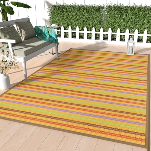 Image of GENIMO Outdoor Rug, Waterproof Plastic Rugs for Patio, 6'x9' Rainbow | Outside Larger Modern Carpet Mat for Porch Decor, Deck, Balcony, Camping, RV, Backyard, Picnic, Beach, Reversible, Foldable