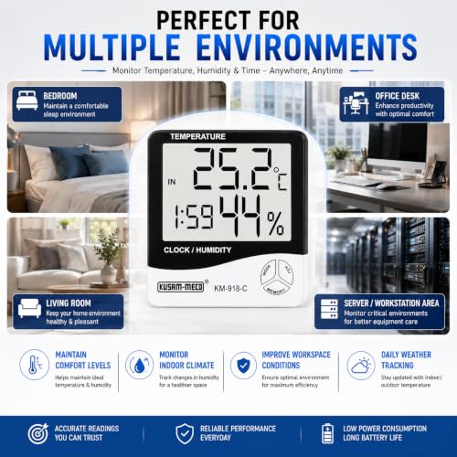 Image of Kusam-Meco Digital Thermo Hygrometer Model KM 918C Humidity Meter With Clock LCD Display
