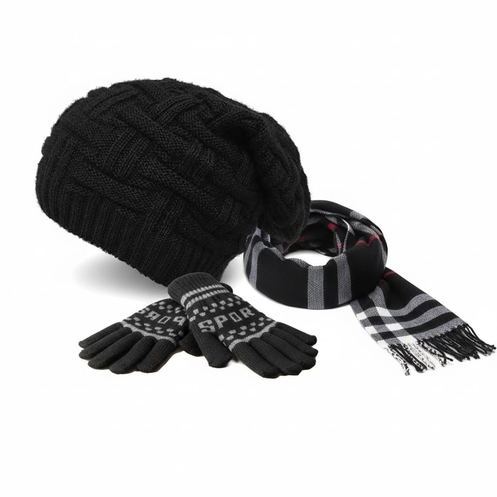 Men Winter Beanie Cap, Gloves and Muffler Combo Set, Black Cable Knit, 3 Piece Winter Accessories