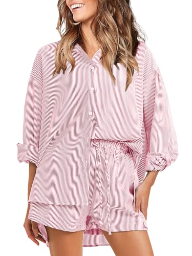 EXLURA Women's Summer 2 Piece Sets Long Sleeve Button Down Shirts Matching Short Sets Beach Vacation Cruise Outfits 2025