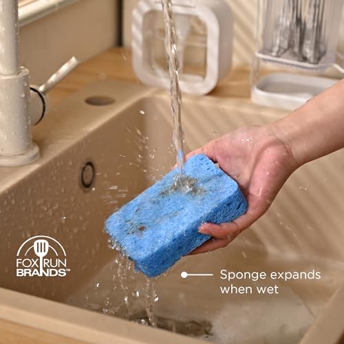 Image of Fox Run Blue Natural Cellulose Dish Sponges, Set of 12 Non Scratch Kitchen Sponges for Nonstick and Metal Pans