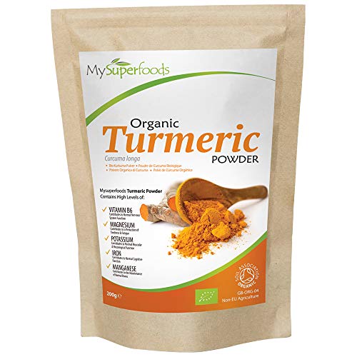 Polvo Orgánico de Cúrcuma (200g), MySuperFoods, Alta concentración de Vitamina C, Calcio, Magnesio, Potasio, Perfecto para Arroz y Curry, Certificado como producto orgánico por el Soil Association