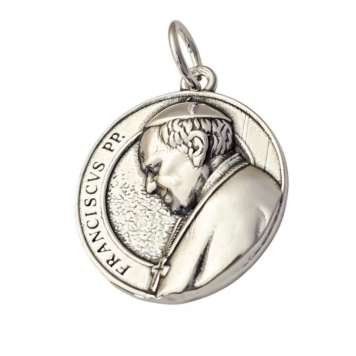 Medalla Papa Francisco plata de ley 925 colgante religioso 25mm acabado envejecido dos caras