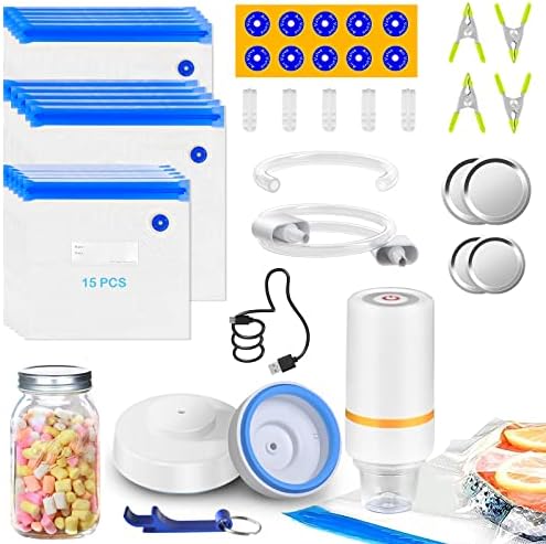 46 PCS Electric Vacuum Sealer, Sous Vide Bags, Handheld Mason Jar Vacuum Sealer & 15 PCS Reusable Vacuum Food Storage Bags for Anova, Joule Cookers, and Accessory Hose Compatible with FoodSaver Vacuum Sealer, 4 Cooking Clips, 5 Sealing Clips 46 PCS Electric Vacuum Sealer, Sous Vide Bags, Handheld Mason Jar Vacuum Sealer & 15 PCS Reusable Vacuum Food Storage Bags for Anova, Joule Cookers, and Accessory Hose Compatible with FoodSaver Vacuum Sealer, 4 Cooking Clips, 5 Sealing Clips