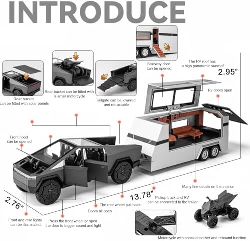 Image of 1:32 Scale Die-Cast Tesla CyberTruck with Pick-Up Trailer with 6 Openable Doors Pull Back Toy Car with Lights & MusicToy Car Gift for Kids (1:32 Cybertruck Trailer - Black)