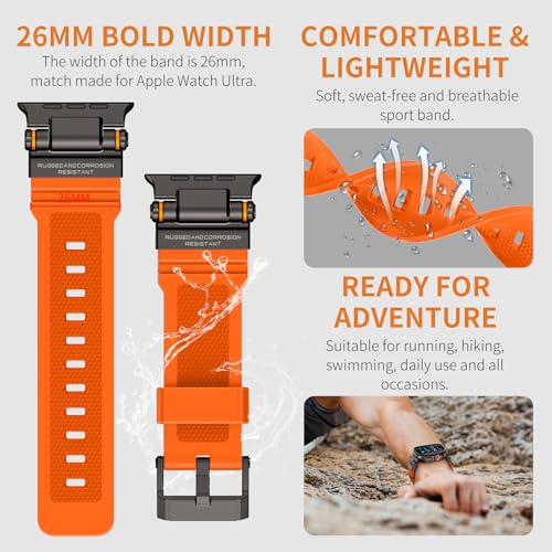 Image of FOAMUNOC Rugged Band Compatible with Apple Watch Ultra 3 /2 /1 Band 49mm /46mm /45mm /44mm /42mm, Metal Connector with Silicone Strap for iWatch Ultra Series 11 /10 /9 /8 /7 /6 /SE3 /SE2 /SE /5 /4 /3 /2 /1, Orange /Black