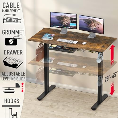 Image of SHW 55 x 28 Inches Electric Height Adjustable Standing Desk with Drawer and Memory Preset, Rustic Brown