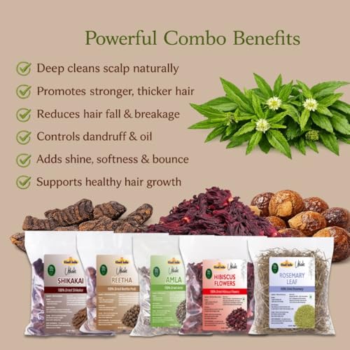Image of Khadi Utkrisht Dried Amla Reetha Shikakai Hibiscus & Rosemary Leaves Combo for Hair Growth | Ayurvedic Herbs for Hair Growth, Hair Fall Control & Scalp Care - Pack of 5