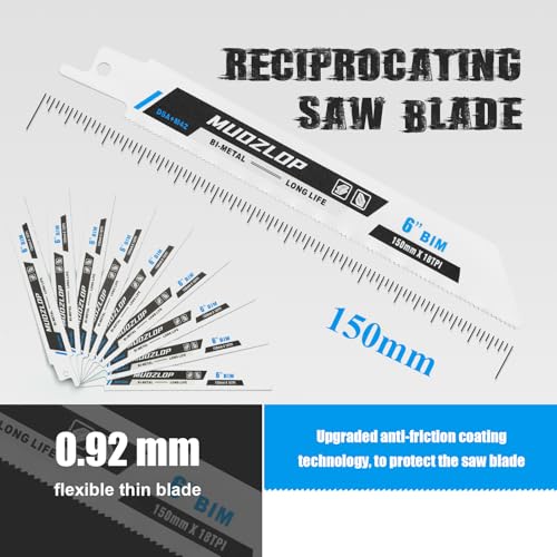 Image of MUOZLOP10 Pack 6 inch Reciprocating Saw Blades Set, 18TPI High Carbon Saw Blades, Metal Saw Blades with Organizer Case (10, 18TPI /6 inch)