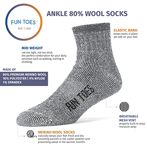FUN TOES Men's 80% Wool Ankle Socks 6 Pairs Strong Arch Support Winter Cushioned Bottom Ideal for Hiking3