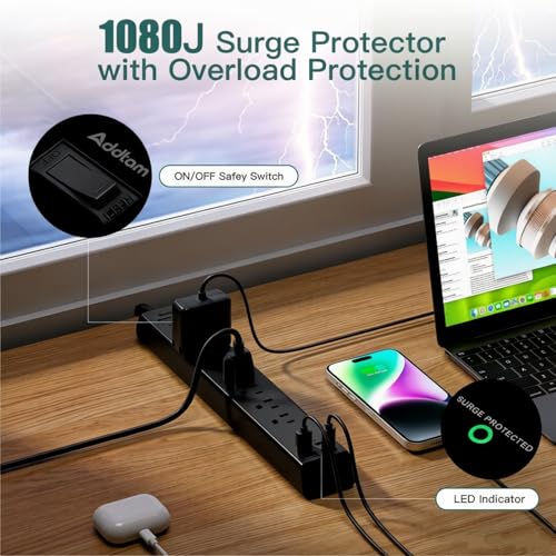 Image of 15Ft Power Strip Surge Protector with 6 Outlets and 4 USB Ports (2 USB-C)