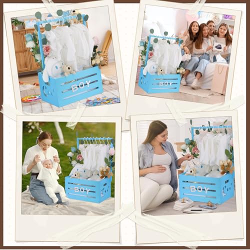 Image of Wooden Baby Shower Crate Closet, Baby Shower Basket with Handle & Rack Hangers & Garland & Letter Cards Wooden Crate for Baby Shower Gifts Toy Storage Box Welcome Newborn Parents Party - Blue