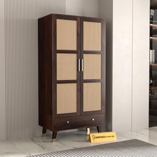 Image of Solid Sheesham Wood 2 Door Wardrobe with Rattan Cane Work & 3 Drawer | Rosewood Almirah for Bedroom Storage (Walnut Finish)