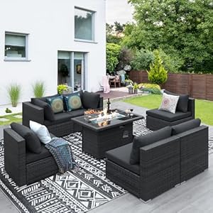 NICESOUL® Modern Luxury 29.3” High Back Extra Large Size Rattan Patio Furniture Sectional Sofa Sets with Gas/Propane Fire Pit Table, Outdoor Conversation Sets with Firepit 7 Pieces Gray