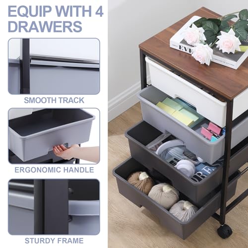 Image of SYKIARIOL Utility Cart with 4 Drawers, Light Grey | Rolling Storage Cart with Drawers